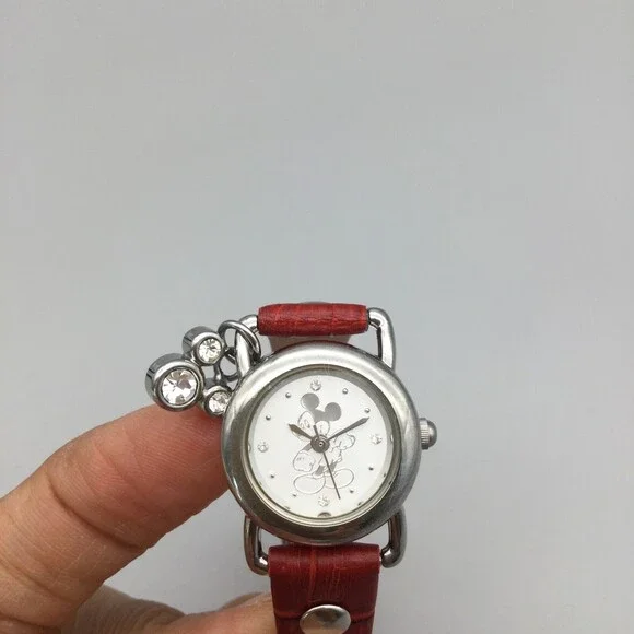 Disney Watch Women Mickey Mouse 22mm Silver Tone Leather Band Charm New Battery - Picture 7 of 15